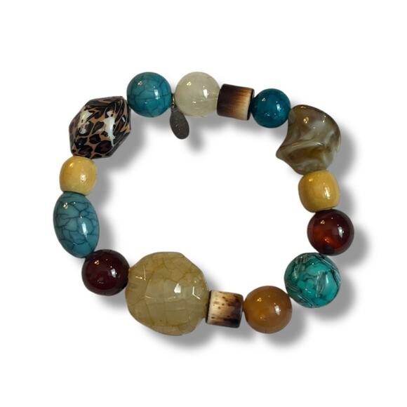 Cookie Lee Necklace Bracelet Set Beaded Faux Stone Teal Tan Multi 18” Length - Picture 8 of 14